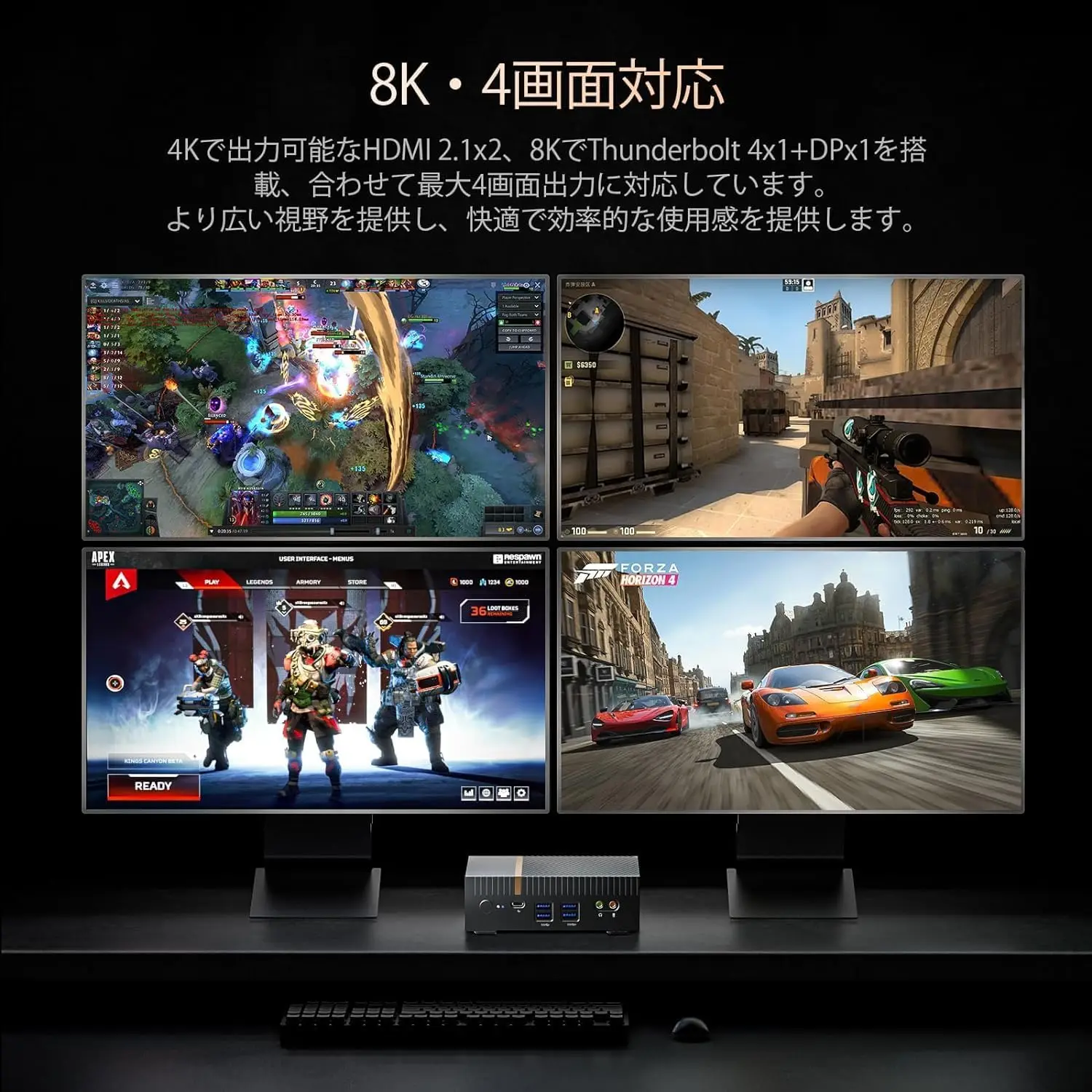 Chatreey IT12 Mini PCは、DP + Thunderbolt 4 + HDMI x 2 のディスプレイインターフェースを搭載し、8Kディスプレイ2台と4Kディスプレイ2台への出力をサポート、ハイエンドなディスプレイ性能を提供します。