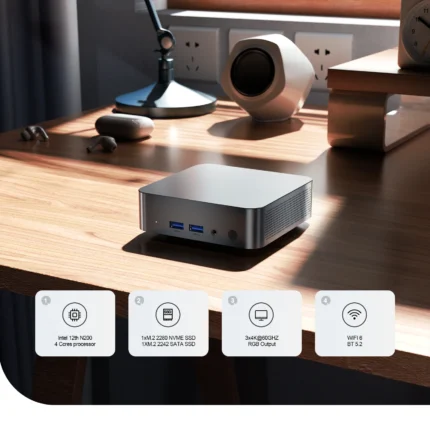 Chatreey T9H mini PC, equipped with Intel 14th generation N200 processor, supports 4 cores and 4 threads, has 1 M.2 2242 SATA + M.2 2280 NVME SSD slot, supports triple 4K display, and comes with WiFi 6 and Bluetooth 5.2.